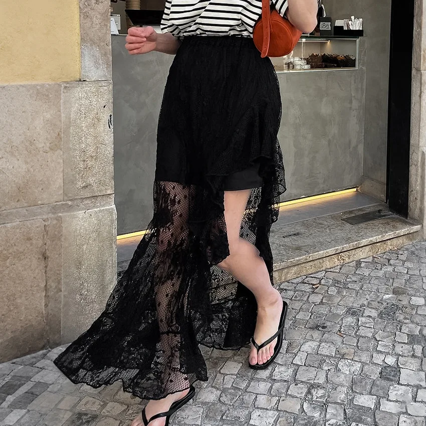 2025 Summer New Irregular Black Sexy Design Lace High Waist Slimming and slimming Split Skirt
2025 Summer New Irregular Black Sexy Design Lace High Waist Slimming and slimming Split Skirt