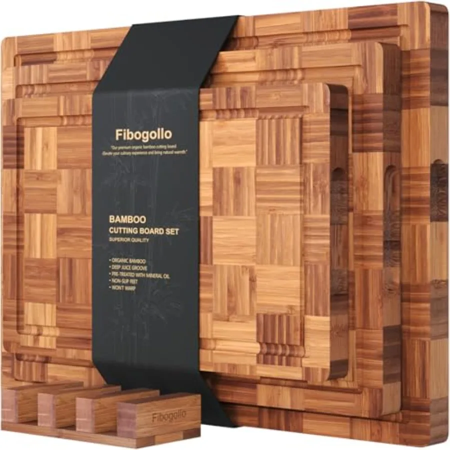 Bamboo Cutting Boards for Kitchen Set of 3 , Chopping Boards with Juice Groove, End Grain Serving Board with Holder, Bamboo But
Bamboo Cutting Boards for Kitchen Set of 3 , Chopping Boards with Juice Groove, End Grain Serving Board with Holder, Bamboo But