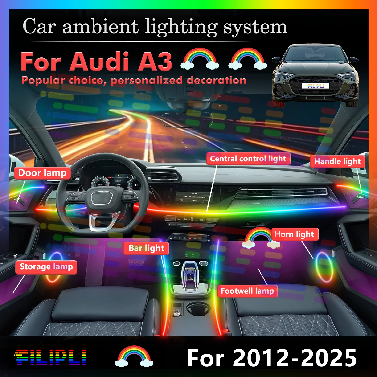 Для Audi A3 автомобильный светодиодный декоративный окружающий свет, многоцветная внутренняя лампа с интеллектуальным управлением
Для Audi A3 автомобильный светодиодный декоративный окружающий свет, многоцветная внутренняя лампа с интеллектуальным управлением