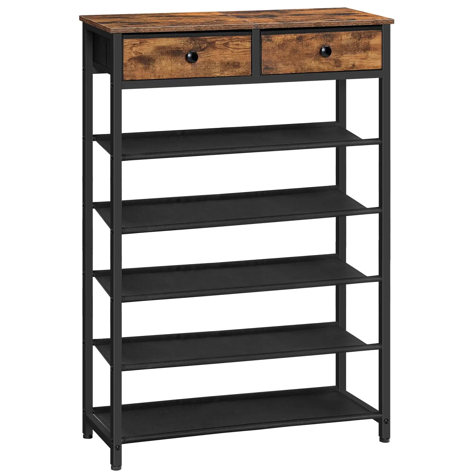 Rustic Brown 6-Tier Shoe Organizer With 2 Wooden Drawers And 5 Black Fabric Shelves For Entryway Or Closet Storage
Rustic Brown 6-Tier Shoe Organizer With 2 Wooden Drawers And 5 Black Fabric Shelves For Entryway Or Closet Storage