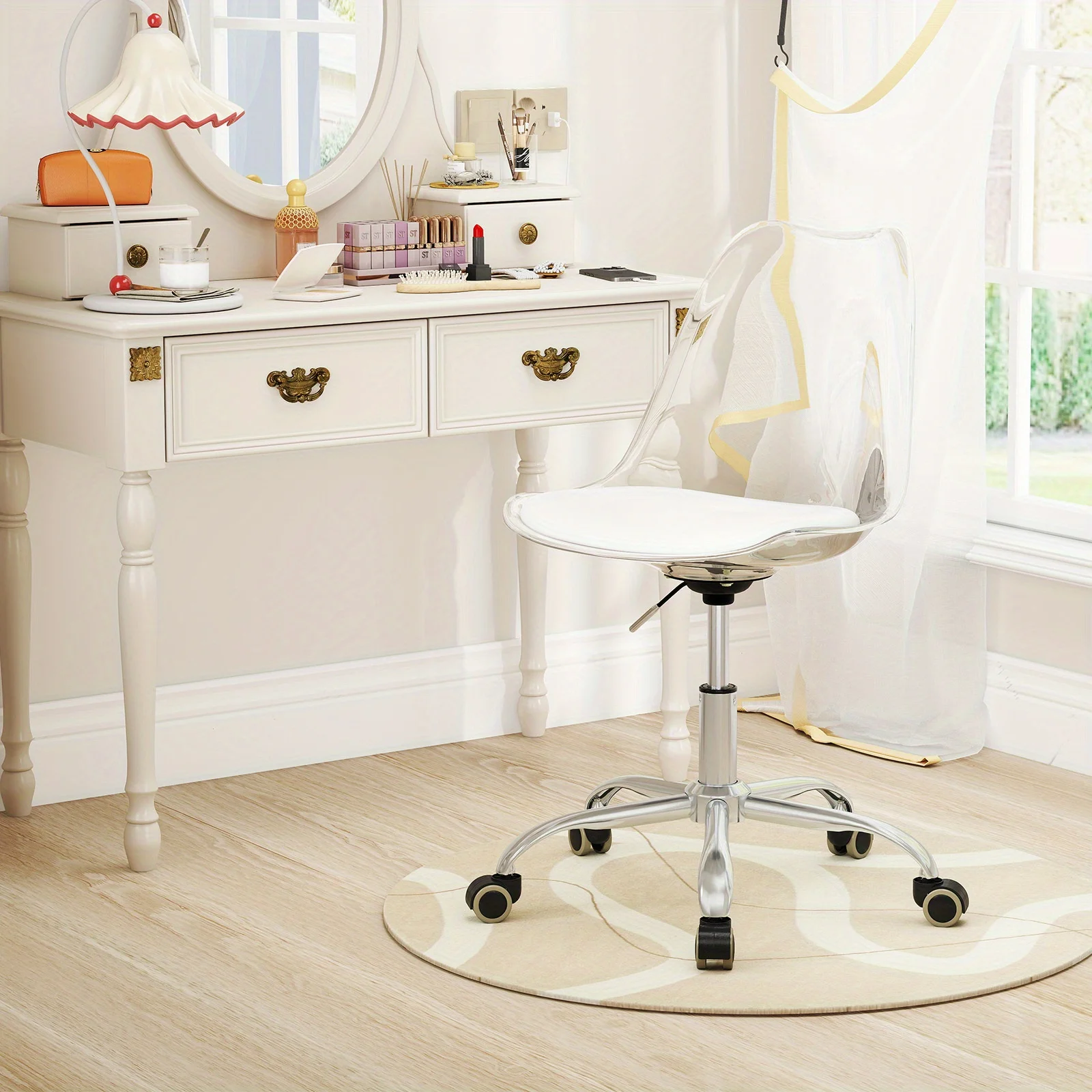Clear Modern Rolling Office Chair with Height Adjustment (18.5"-23.5"), 360° Swivel & Smooth-Rolling Casters - Heavy-Duty Metal Base, Ergonomic Armless Design, PU Leather Cushion & Sturdy Frame for Home Office, Vanity
Clear Modern Rolling Office Chair with Height Adjustment (18.5"-23.5"), 360° Swivel & Smooth-Rolling Casters - Heavy-Duty Metal Base, Ergonomic Armless Design, PU Leather Cushion & Sturdy Frame for Home Office, Vanity
