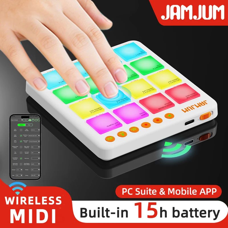 Беспроводной MIDI-контроллер JAMJUM POCKET Beats - 16 RGB-пэдов, Bluetooth, портативный, с питанием от аккумулятора, для создания музыки
Беспроводной MIDI-контроллер JAMJUM POCKET Beats - 16 RGB-пэдов, Bluetooth, портативный, с питанием от аккумулятора, для создания музыки
