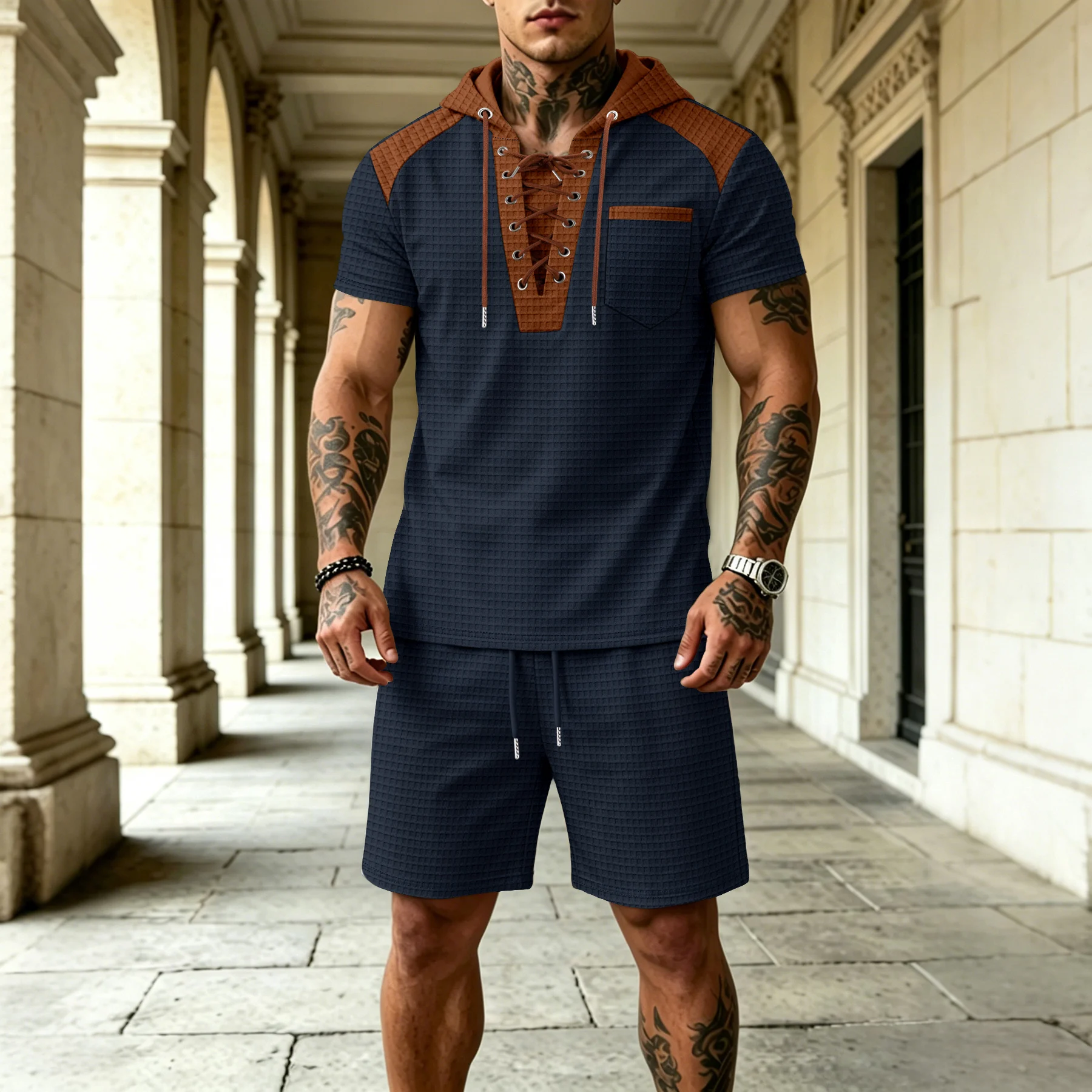 Trend Lagrange Contrast Color Men's Two-Piece Set, featuring V-neck hooded mesh top + elastic drawstring shorts. Street casual o
Trend Lagrange Contrast Color Men's Two-Piece Set, featuring V-neck hooded mesh top + elastic drawstring shorts. Street casual o