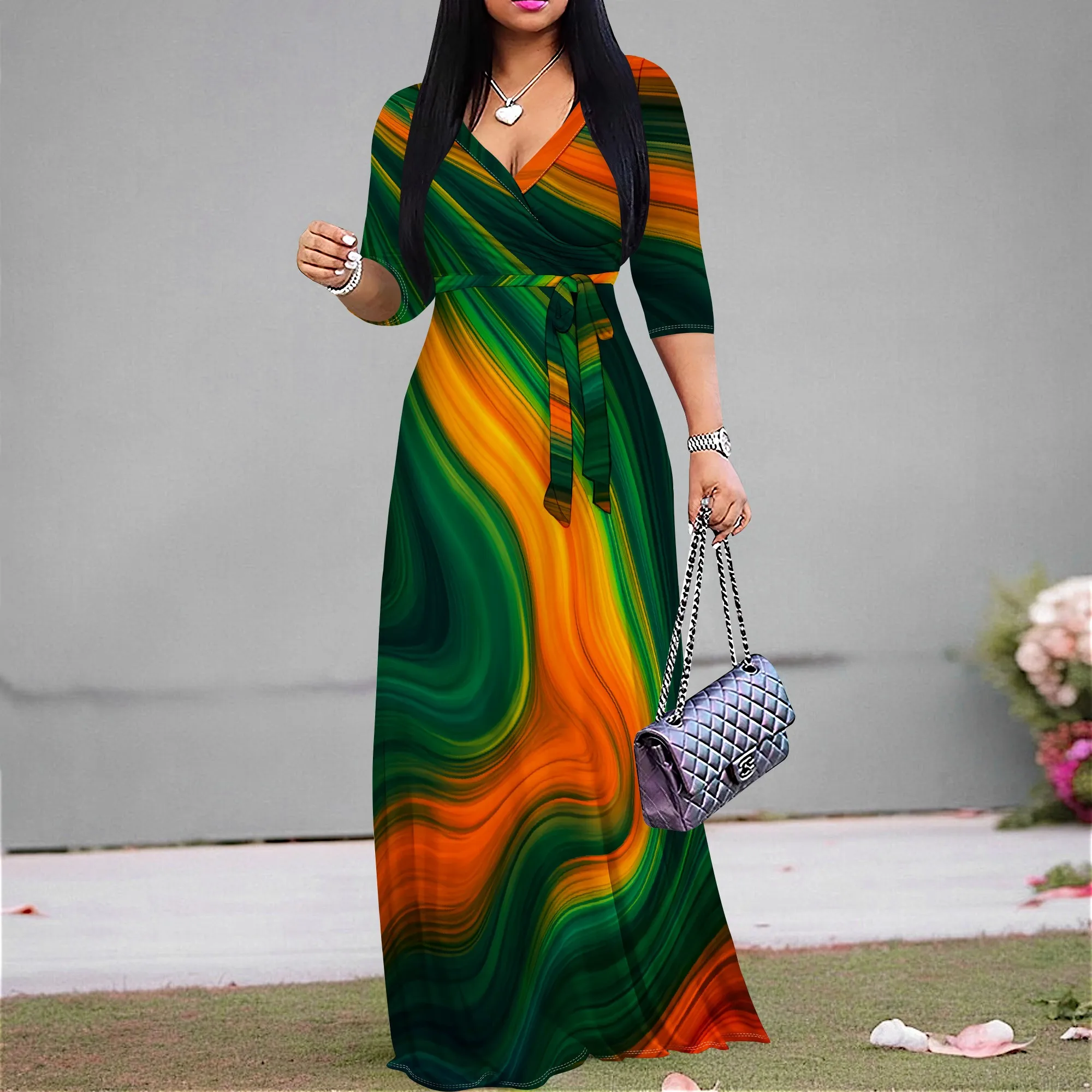 Green Orange Marble Print Maxi Dress S-3XL V-Neck 3/4 Sleeve Belted Style for Fall Party, Art Show or Afro Streetwear Look
Green Orange Marble Print Maxi Dress S-3XL V-Neck 3/4 Sleeve Belted Style for Fall Party, Art Show or Afro Streetwear Look
