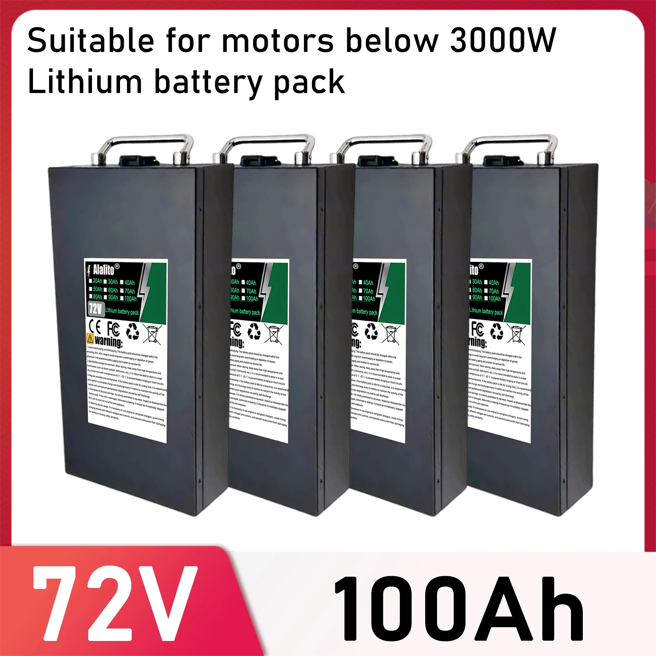 Air fast transportation 72V-100AH 18650 Lithium battery pack Large A-type battery Suitable for motors below 3000W
Air fast transportation 72V-100AH 18650 Lithium battery pack Large A-type battery Suitable for motors below 3000W