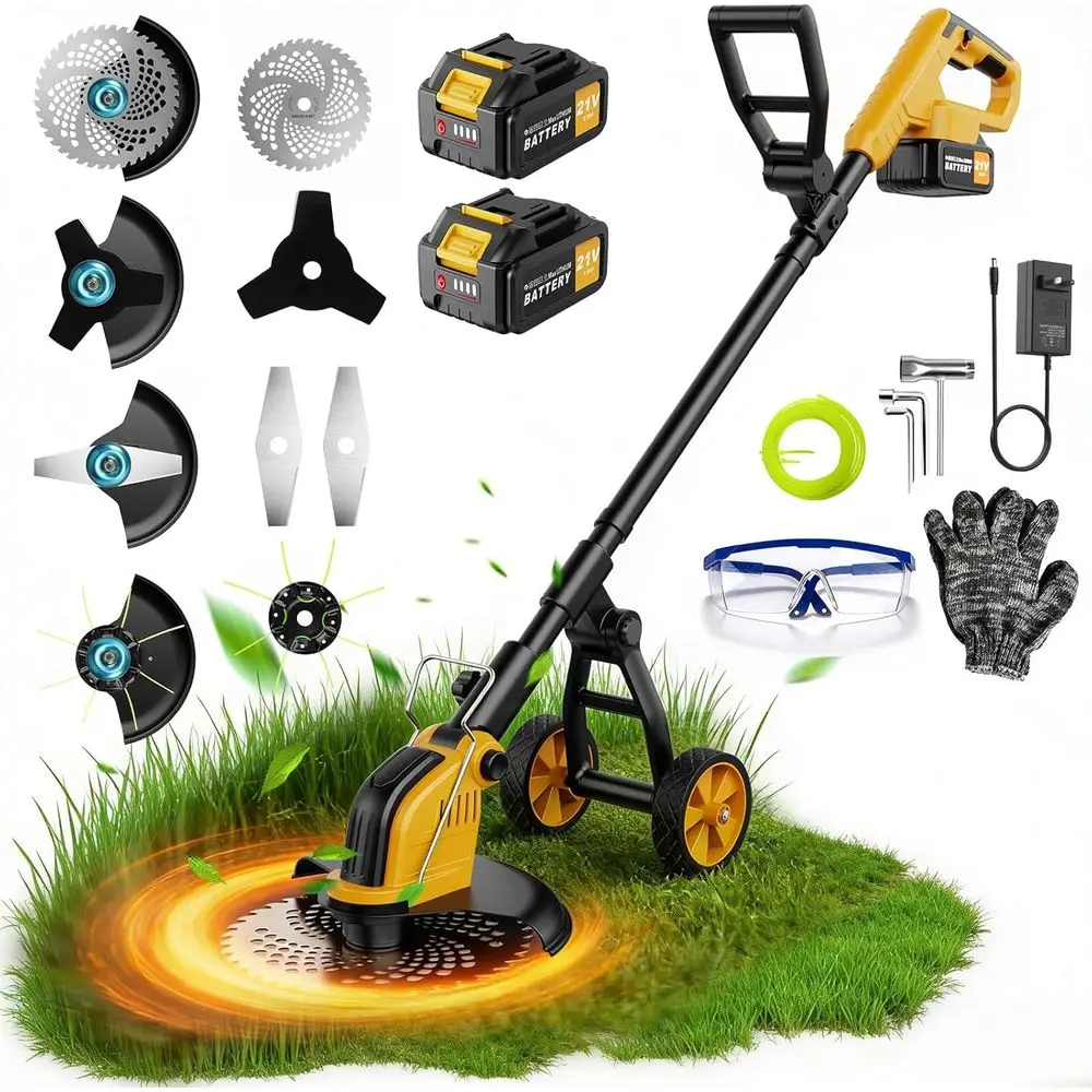 21V 800W BrushlCordlWeed Wacker, 12 Inch Electric Weed Eater with Wheels, 2×3000mAh Batteries Included & 4 Cutting Blades or Law
21V 800W BrushlCordlWeed Wacker, 12 Inch Electric Weed Eater with Wheels, 2×3000mAh Batteries Included & 4 Cutting Blades or Law