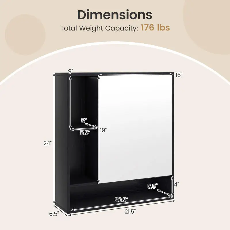 Wall Mounted Bathroom Cabinet with Mirror Single Door-Black
Wall Mounted Bathroom Cabinet with Mirror Single Door-Black