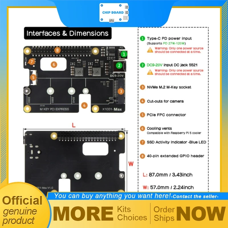 Geekworm X1001-Max PCIe3.0 M.2 NVMe Expansion HAT, 120W PD/DC 9-20V, AI Module Support, Large SSD Compatible