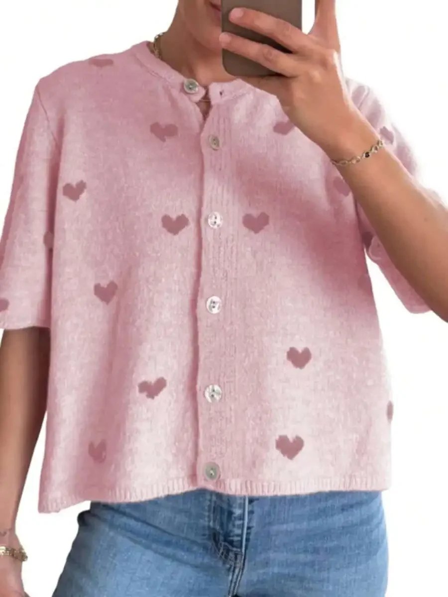 Women Heart Print Short Sleeve Cardigan Casual Loose Crew Neck Button Up Knit Sweater Spring Summer
Women Heart Print Short Sleeve Cardigan Casual Loose Crew Neck Button Up Knit Sweater Spring Summer