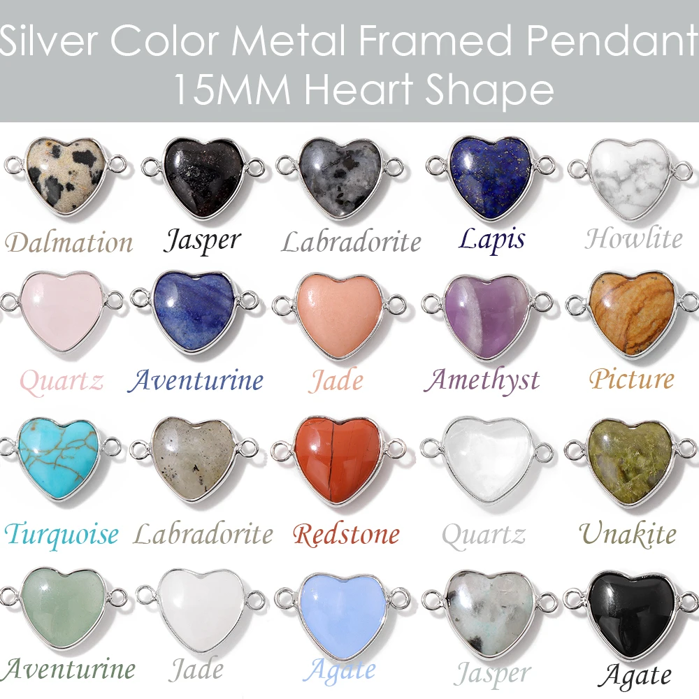 15MM Two Hole Heart Shape Natural Crystal Stone Pendant Silver Color Jewelry Accessory For Making Necklace Bracelet 5pcs 
15MM Two Hole Heart Shape Natural Crystal Stone Pendant Silver Color Jewelry Accessory For Making Necklace Bracelet 5pcs
