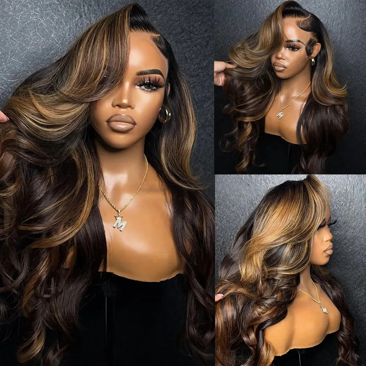 Black Root Brown Blonde Highlight Synthetic Lace Front Wig 13x4 HD Lace Frontal Wig With bangs Pre Plucked Heat Resistant Hair
Black Root Brown Blonde Highlight Synthetic Lace Front Wig 13x4 HD Lace Frontal Wig With bangs Pre Plucked Heat Resistant Hair