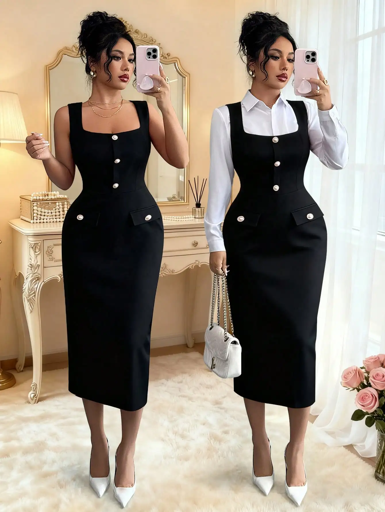 Black Square Neck Sleeveless Fitted Midi Dress with Pearl Buttons and Front Pockets
Black Square Neck Sleeveless Fitted Midi Dress with Pearl Buttons and Front Pockets