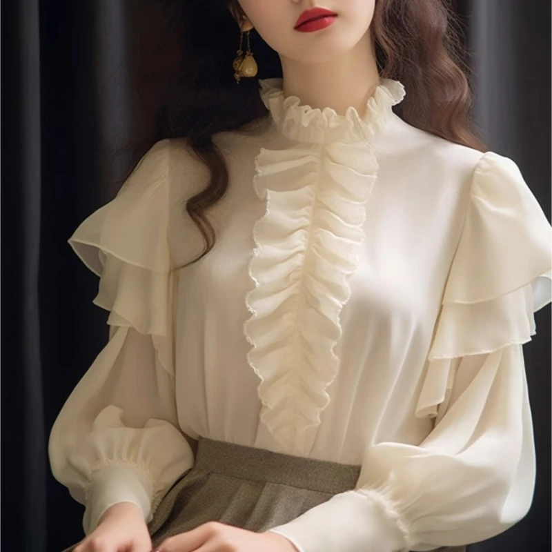2024 Spring Fall Women Ruffled Stand Collar French Style Beige Top Shirt , Woman Clothing Vintage Tops Shirts
2024 Spring Fall Women Ruffled Stand Collar French Style Beige Top Shirt , Woman Clothing Vintage Tops Shirts