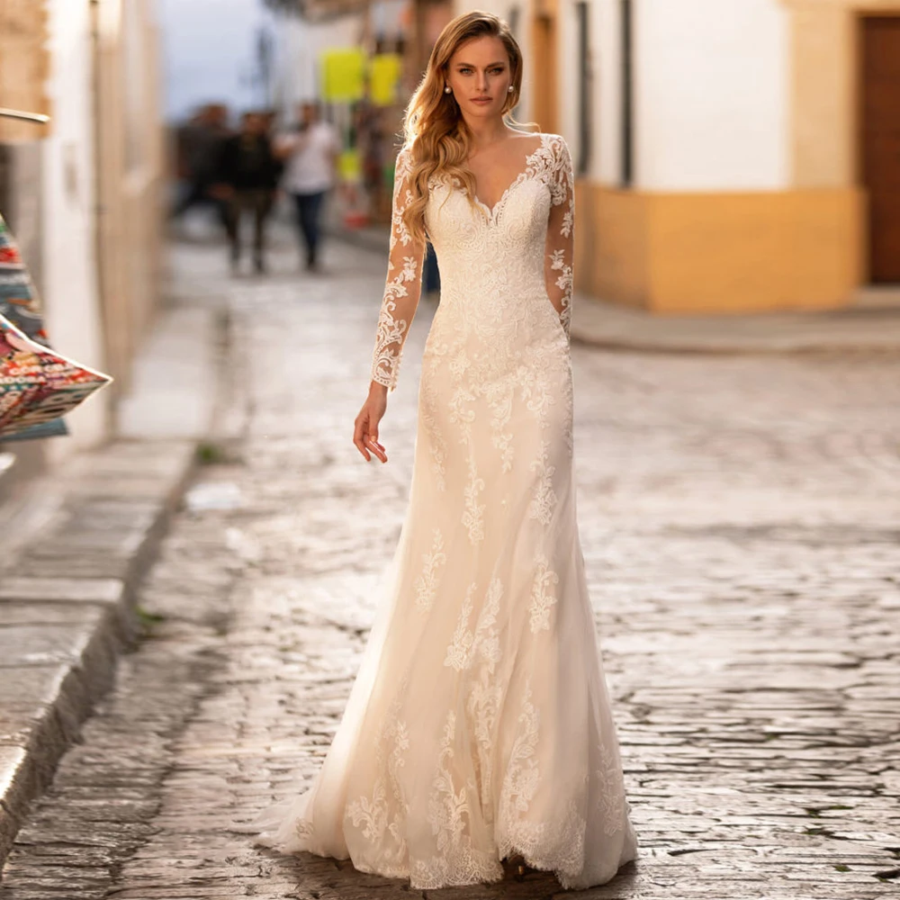 Customized Exquisite Lace Appliques Wedding Dresses Court Train Mermaid V-neck Long Sleeves Tulle Bridal Gowns Vestido De Novia
Customized Exquisite Lace Appliques Wedding Dresses Court Train Mermaid V-neck Long Sleeves Tulle Bridal Gowns Vestido De Novia
