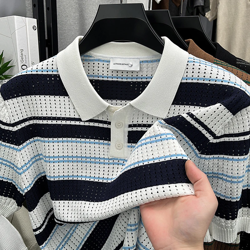 Hollow Knit Short Sleeved Polo Shirt for Men, Summer Breathable Striped Contrasting T-shirt, American Retro Half Sleeved
Hollow Knit Short Sleeved Polo Shirt for Men, Summer Breathable Striped Contrasting T-shirt, American Retro Half Sleeved