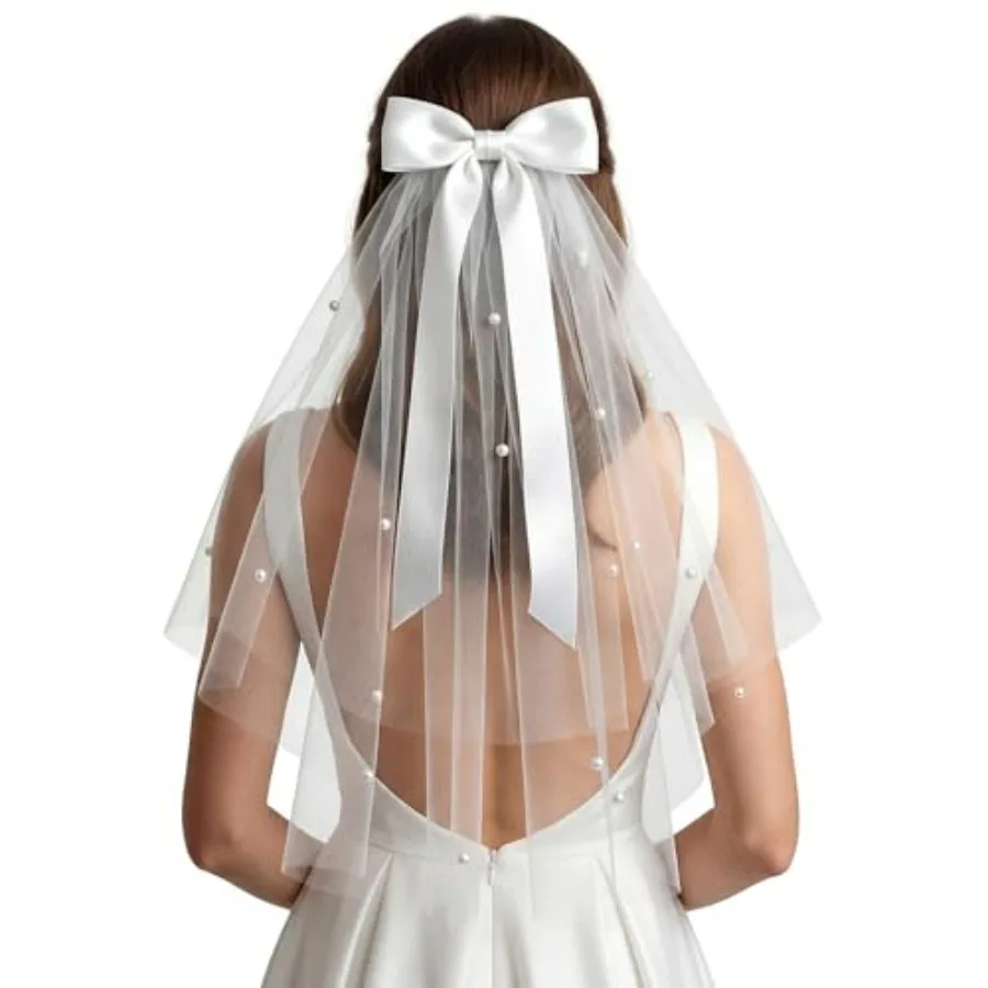Bride Veil, 22.4 Inch Short White Bachelorette Veil With Bow and Pearls - Elegant Tulle Comb Hold
Bride Veil, 22.4 Inch Short White Bachelorette Veil With Bow and Pearls - Elegant Tulle Comb Hold