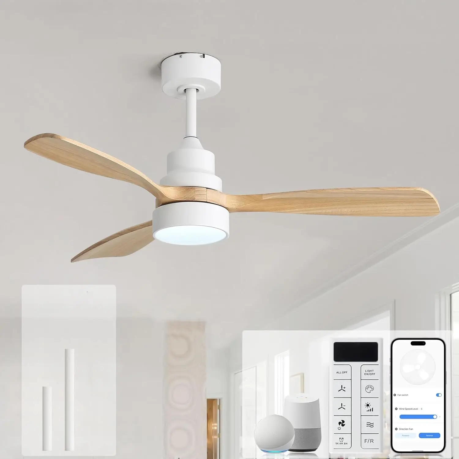48-Inch Smart Ceiling Fan with Light, Flush Mount and Downrod Mounting, Modern Outdoor Fan Compatible with Alexa, Google Assistant, App, and Remote Control, for Bedroom, Farmhouse, Patio, White and Natural Wood Finish
48-Inch Smart Ceiling Fan with Light, Flush Mount and Downrod Mounting, Modern Outdoor Fan Compatible with Alexa, Google Assistant, App, and Remote Control, for Bedroom, Farmhouse, Patio, White and Natural Wood Finish