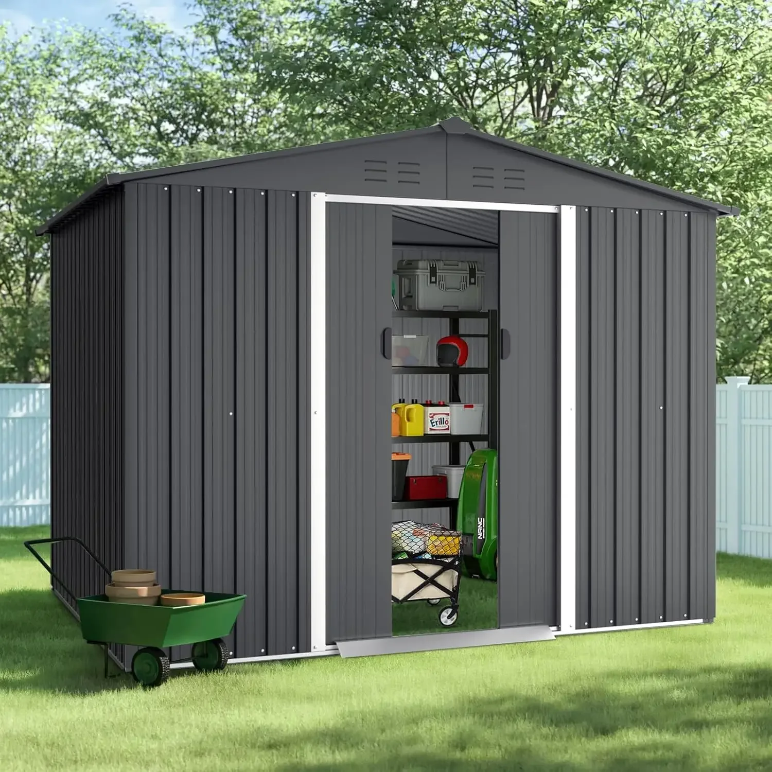 Outdoor Vented Backyard Garden Storage Shed 6 x 8 Feet Tool House with Sliding Door Outdoor Lawn Steel Roof Sheds
Outdoor Vented Backyard Garden Storage Shed 6 x 8 Feet Tool House with Sliding Door Outdoor Lawn Steel Roof Sheds