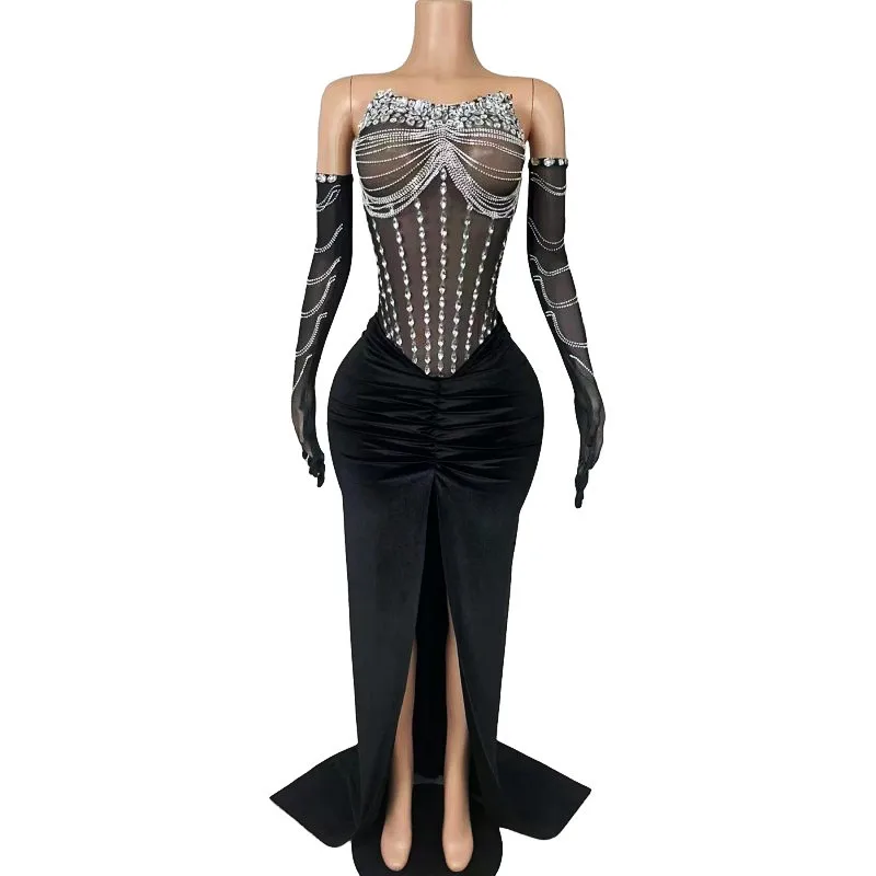 Luxurious Evening Celebration Diamond Party Strapless Long Dress Gloves Birthday Wedding Model Catwalk Gown Singer Stage Wear
Luxurious Evening Celebration Diamond Party Strapless Long Dress Gloves Birthday Wedding Model Catwalk Gown Singer Stage Wear