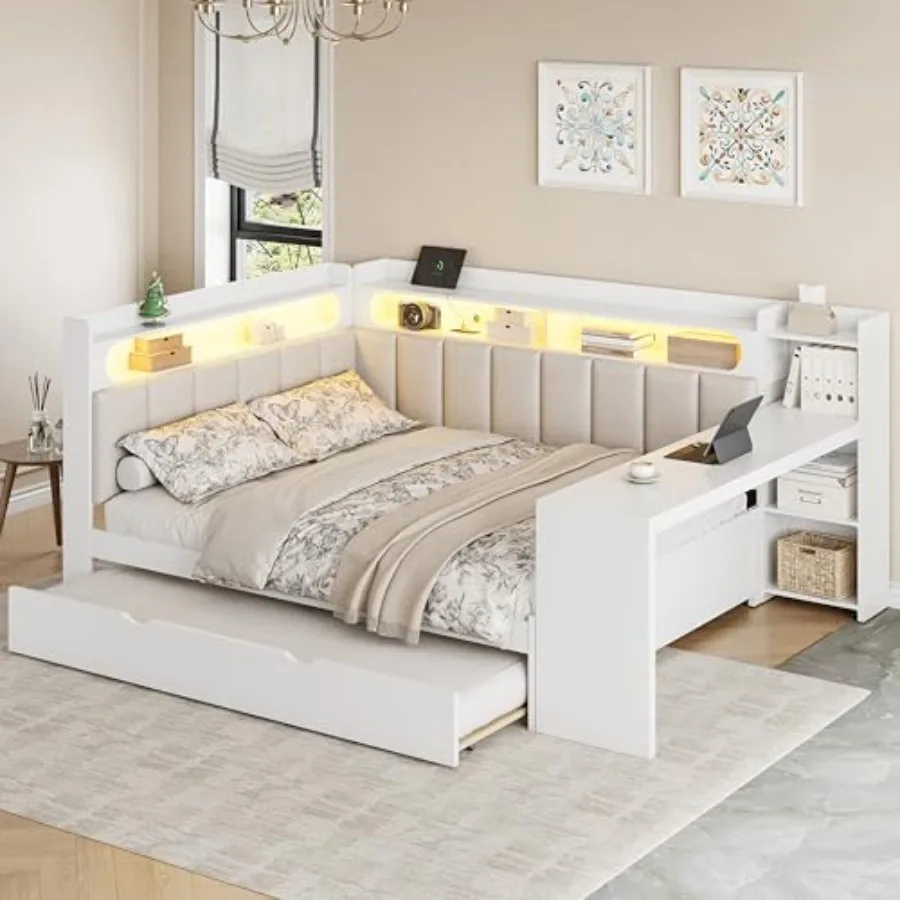 Full Size Daybed with Storage Shelves and Trundle, Wooden Corner Bed with Charging Station, LED Light, Desk, Upholstered Headbo
Full Size Daybed with Storage Shelves and Trundle, Wooden Corner Bed with Charging Station, LED Light, Desk, Upholstered Headbo