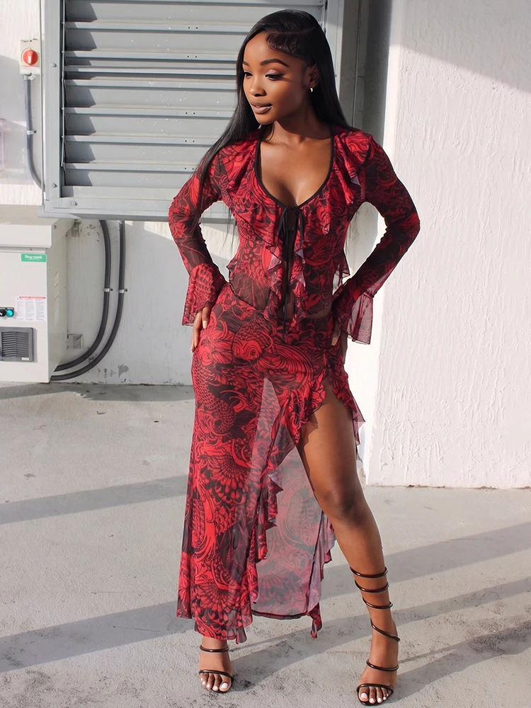 Sisterlinda Koi Fish Print 2 Piece Set Women Low-Neck Bell Sleeve Ruffled Collar Top+Irregular Split Ruffle Hem Sexy Streeweart
Sisterlinda Koi Fish Print 2 Piece Set Women Low-Neck Bell Sleeve Ruffled Collar Top+Irregular Split Ruffle Hem Sexy Streeweart