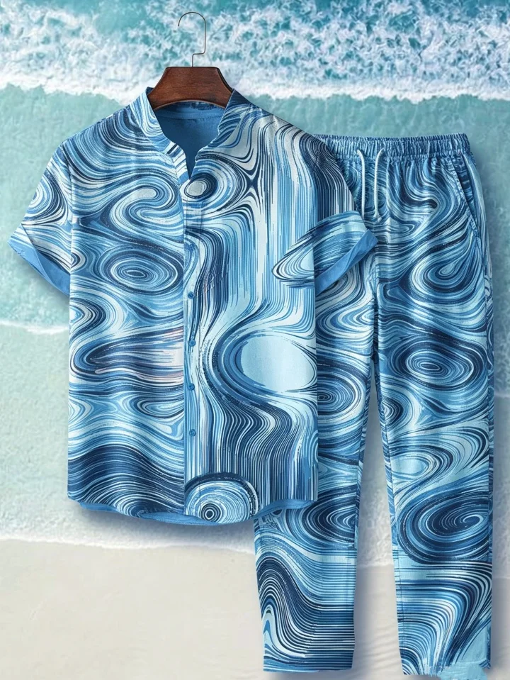 Men Stand Collar Abstract Blue Swirl Wave Print Short Sleeve Shirt And Elastic Drawstring Long Pants Two Piece Casual Outfit Set
Men Stand Collar Abstract Blue Swirl Wave Print Short Sleeve Shirt And Elastic Drawstring Long Pants Two Piece Casual Outfit Set