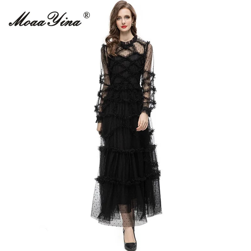 MoaaYina Summer Fashion Designer Black Vintage Mesh Dress Women's O Neck Long Sleeve Ruffles Spliced High Waist Slim Long Dress
MoaaYina Summer Fashion Designer Black Vintage Mesh Dress Women's O Neck Long Sleeve Ruffles Spliced High Waist Slim Long Dress