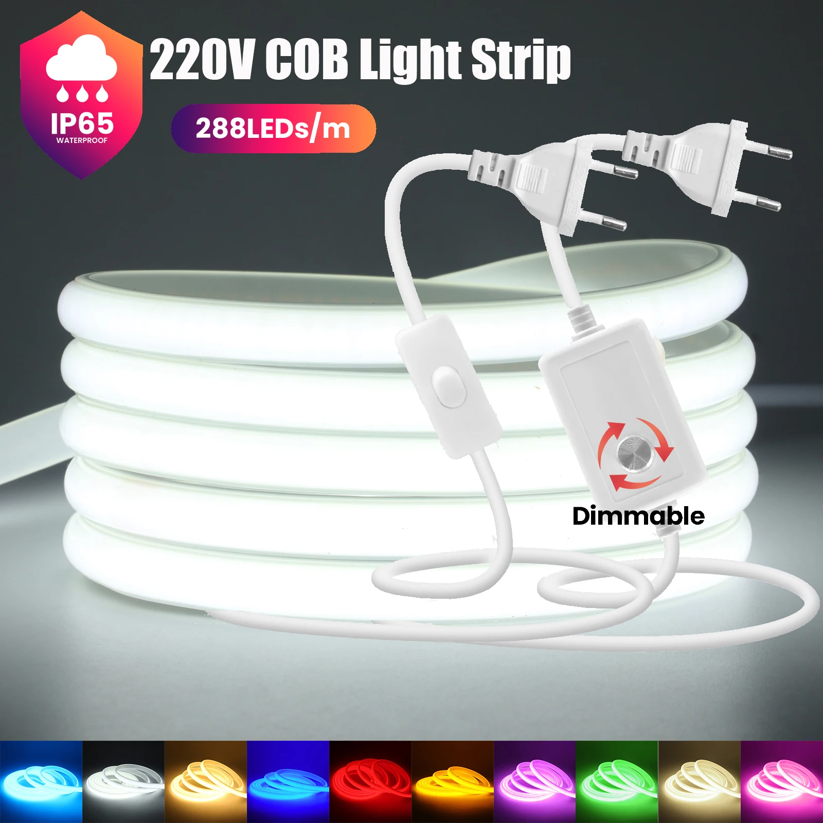 Светодиодная лента AC 220 В COB с вилкой/ВКЛ-ВЫКЛ/диммером 288 светодиодов/м Гибкая светодиодная неоновая лента Водонепроницаемая веревочная полоса света 
Светодиодная лента AC 220 В COB с вилкой/ВКЛ-ВЫКЛ/диммером 288 светодиодов/м Гибкая светодиодная неоновая лента Водонепроницаемая веревочная полоса света