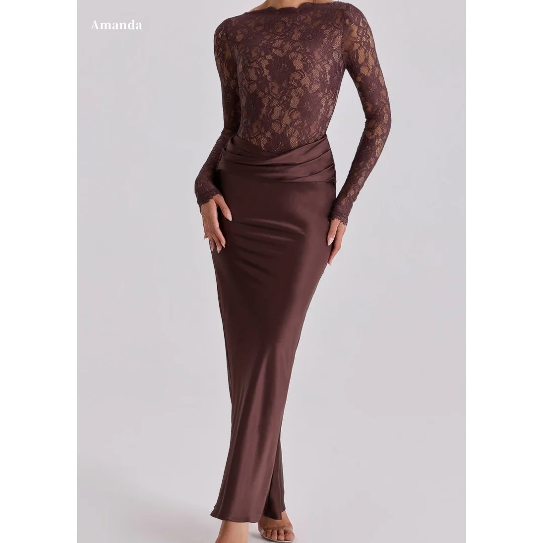 Amanda Customized Brown Lace Long Sleeve Prom Dress Satin Sheath vestidos de noche Formal Evening Gown for Women Party Events
Amanda Customized Brown Lace Long Sleeve Prom Dress Satin Sheath vestidos de noche Formal Evening Gown for Women Party Events