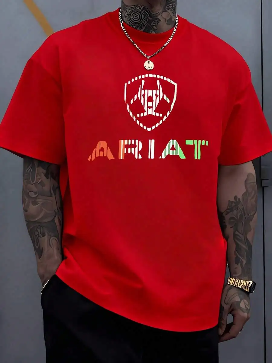 Red Graphic T-Shirt with Abstract Shield Logo and Color-Block Lettering