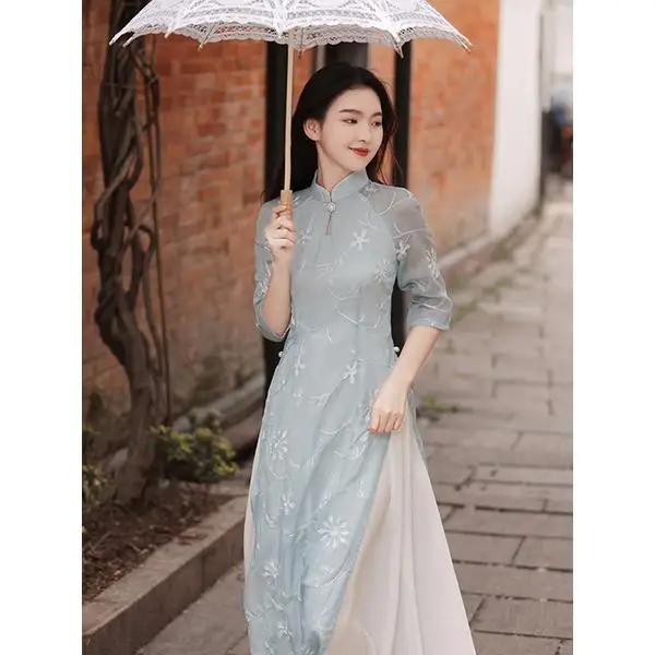 Summer Lace Embroidery Modified Cheongsam Long women's high-end Embroidered high-grade Temperament Dress Women Ao Dai Dress
Summer Lace Embroidery Modified Cheongsam Long women's high-end Embroidered high-grade Temperament Dress Women Ao Dai Dress