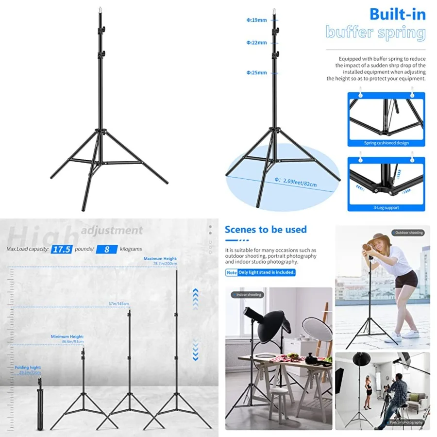Photography Light Stand, 3-6.6ft/92-200cm Adjustable Sturdy Tripod Stand for Reflectors, Softboxes, Lights, Umbrellas, Load Capacity: 17.6lb/8kg
Photography Light Stand, 3-6.6ft/92-200cm Adjustable Sturdy Tripod Stand for Reflectors, Softboxes, Lights, Umbrellas, Load Capacity: 17.6lb/8kg