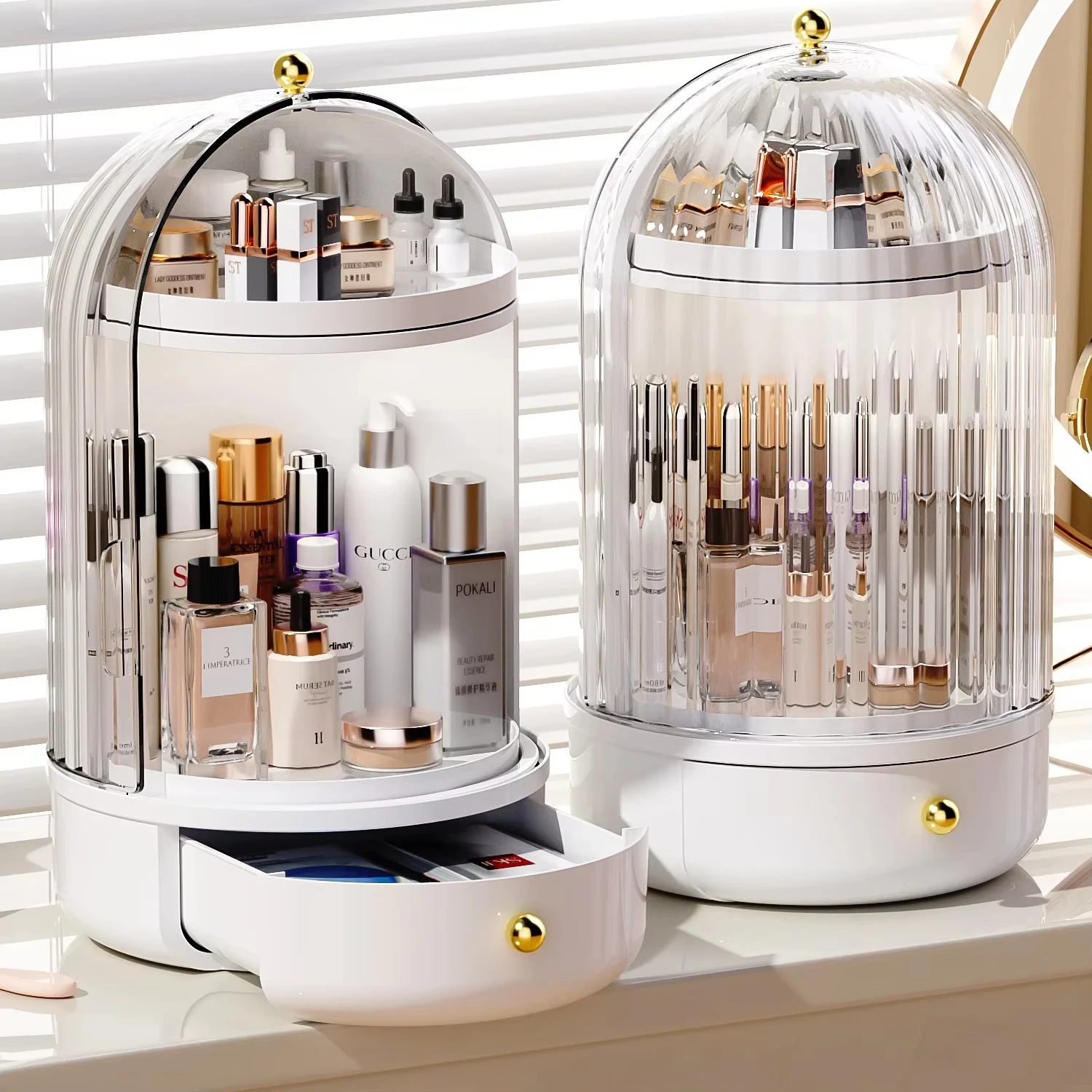 Makeup Organizer Vanity Rotating Make with Cover and Drawer Large Skincare Cosmetics Organizers
Makeup Organizer Vanity Rotating Make with Cover and Drawer Large Skincare Cosmetics Organizers