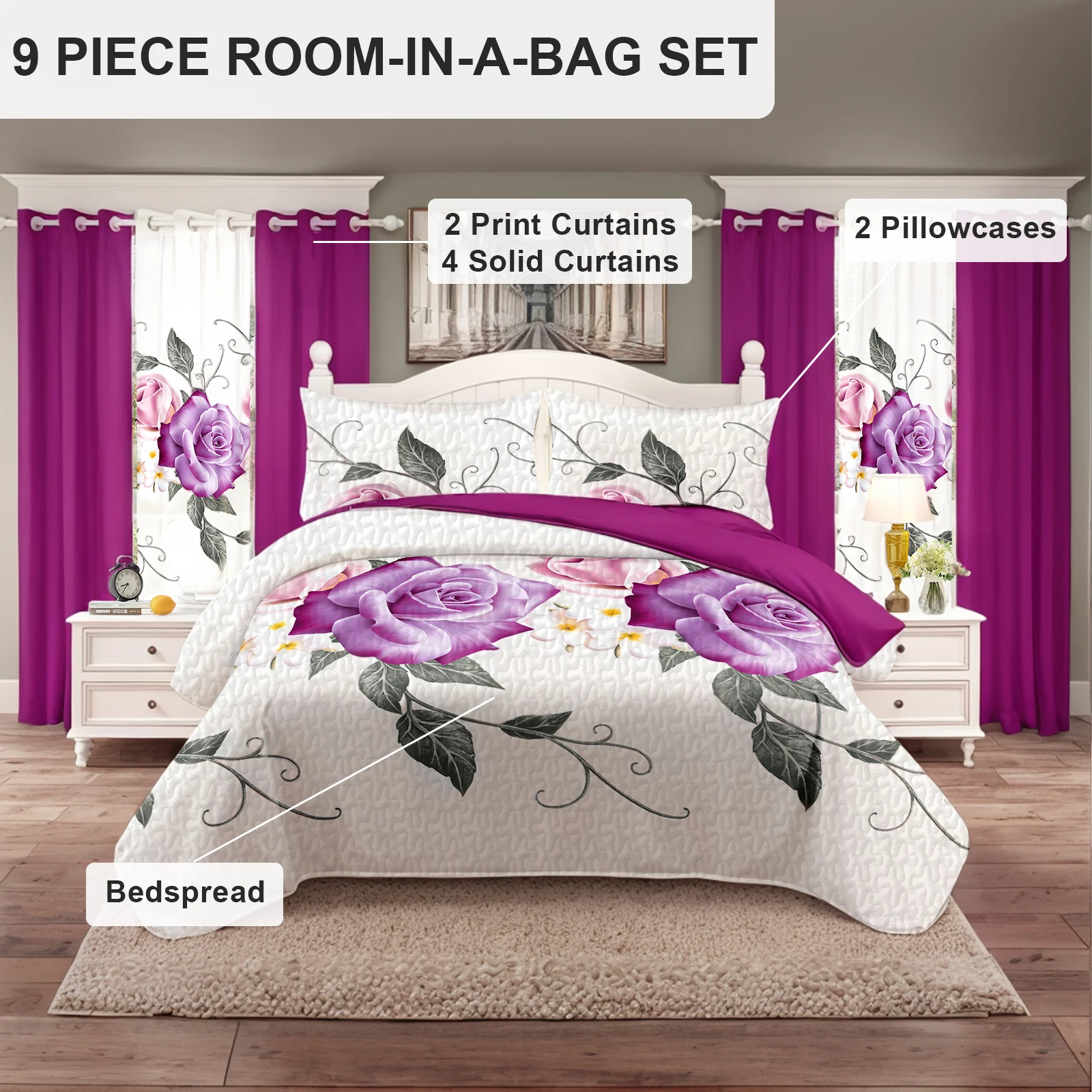 9-Piece Magenta Plum Rose Floral Bedding & Curtain Combo Set, Romantic Elegant Quilted Bedspread with 6 Light Filtering Window Panels & 2 Shams, Easy Care Microfiber Coverlet, Pet Friendly
9-Piece Magenta Plum Rose Floral Bedding & Curtain Combo Set, Romantic Elegant Quilted Bedspread with 6 Light Filtering Window Panels & 2 Shams, Easy Care Microfiber Coverlet, Pet Friendly