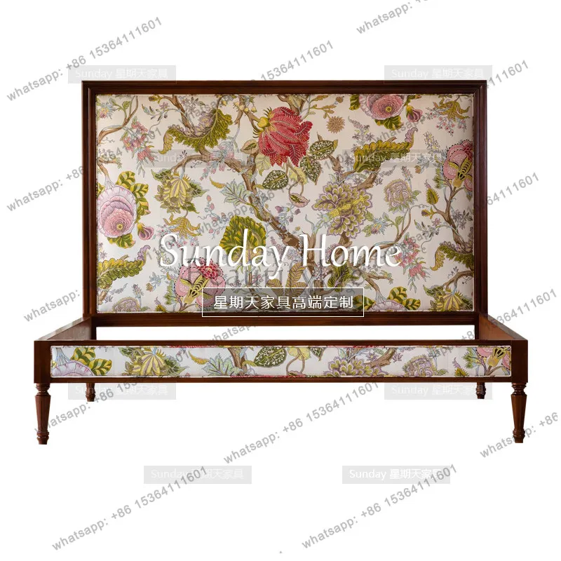 French printed light luxury princess bed rectangular printed backrest double fabric solid wood bed
French printed light luxury princess bed rectangular printed backrest double fabric solid wood bed