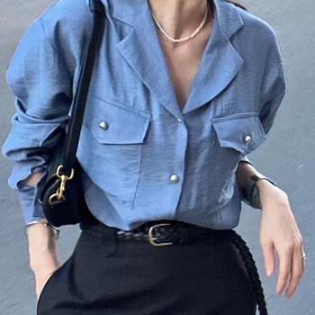 우아한 빈티지 루즈핏 셔츠 여성 초가을 탑 합리적인 디자인 드롭 숄더 슬리브 단일 행 멀티 버클