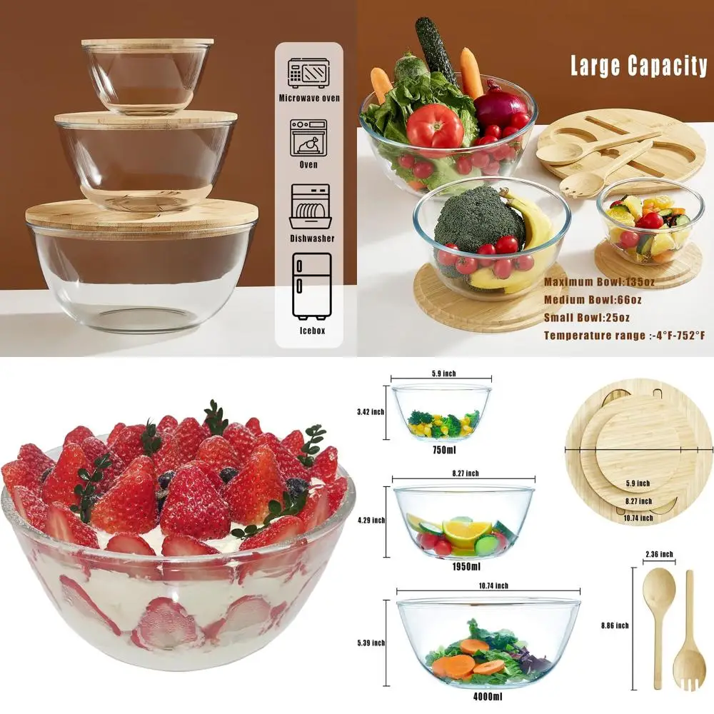 3-Piece Glass Salad Bowl Set with Bamboo Lids and Utensils, Large Nesting Mixing Bowls for Kitchen and Microwave Use
3-Piece Glass Salad Bowl Set with Bamboo Lids and Utensils, Large Nesting Mixing Bowls for Kitchen and Microwave Use