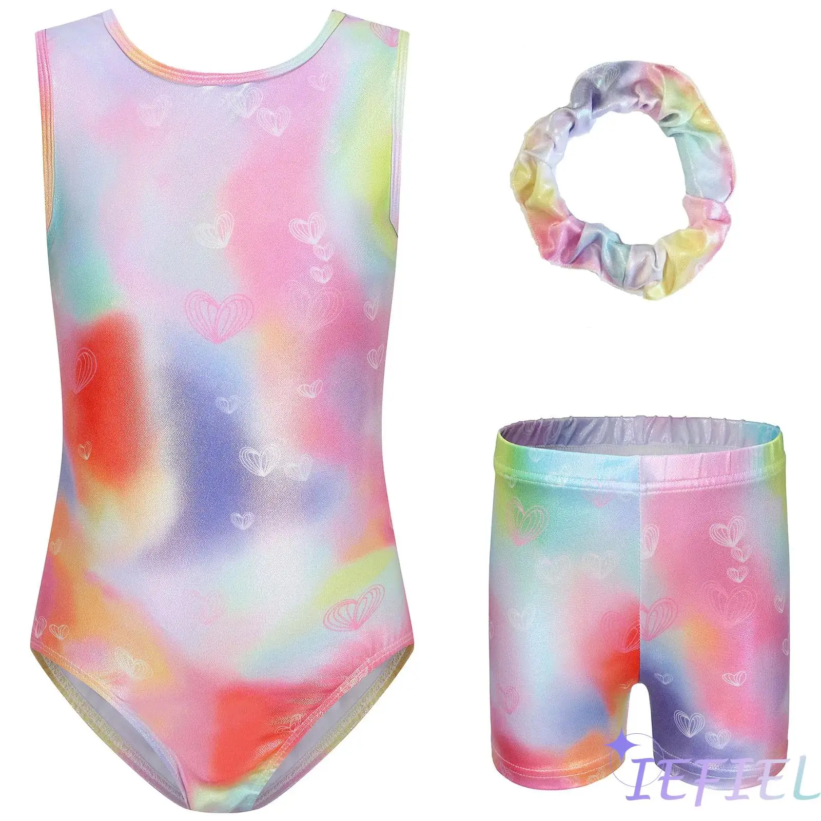 Girls 3-Piece Gymnastics Outfits Ballet Costume Sleeveless Heart Printed Metallic Leotard with Short And Hair Band for Gym Dance
Girls 3-Piece Gymnastics Outfits Ballet Costume Sleeveless Heart Printed Metallic Leotard with Short And Hair Band for Gym Dance