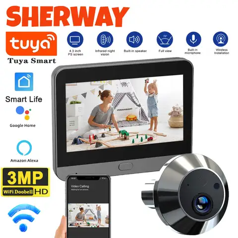 Tuya WiFi Peephole Doorbell Camera FHD 3MP 4.3Inch Door Bell  Eye Camera PIR Motion Detection Smart Home Security Video Doorbell