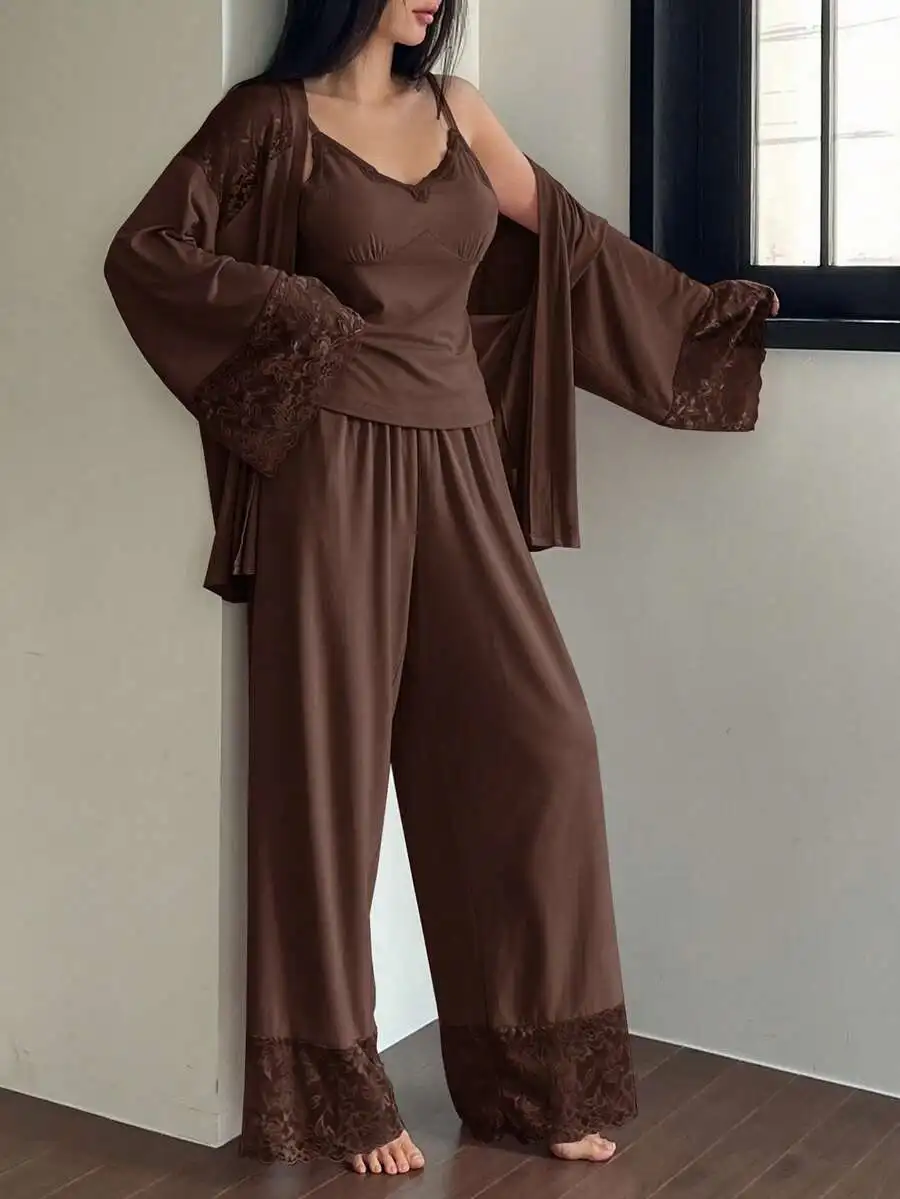 3-Piece Lace Patchwork Robe Camisole And Pants Women Sleepwear Set
3-Piece Lace Patchwork Robe Camisole And Pants Women Sleepwear Set