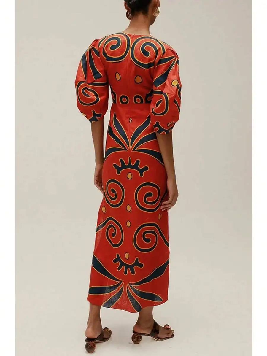 Red Printed Linen Maxi Dress With Puff Sleeves Ethnic Pattern Casual Vacation Dress
Red Printed Linen Maxi Dress With Puff Sleeves Ethnic Pattern Casual Vacation Dress
