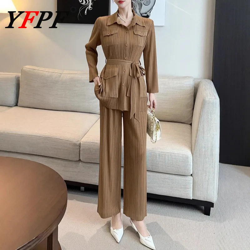 YFPF 2025 Miyake плиссированный женский комплект, осенний офисный женский однотонный рубашка с карманами на шнуровке + длинные брюки, новые модные комплекты одежды
YFPF 2025 Miyake плиссированный женский комплект, осенний офисный женский однотонный рубашка с карманами на шнуровке + длинные брюки, новые модные комплекты одежды