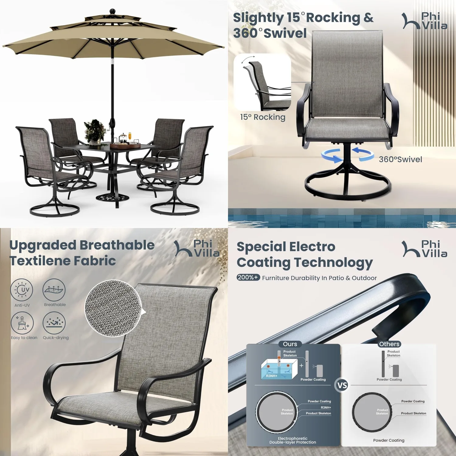 Patio Table and Chairs Dining Set with Umbrella for 4, Outdoor Dining Set with 4 Swivel Patio Chairs, 1 Square, Customized
Patio Table and Chairs Dining Set with Umbrella for 4, Outdoor Dining Set with 4 Swivel Patio Chairs, 1 Square, Customized