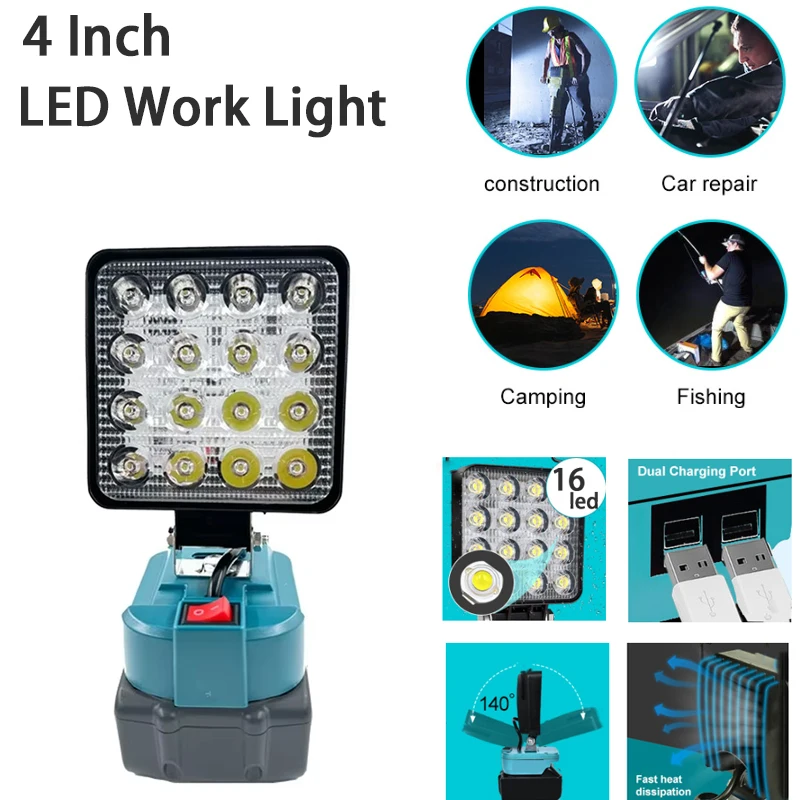 NEW 4 Inch Cordless LED Spotlight for Makita 14.4-18V Battery Emergency Tool Flashlight Outdoor Tent Light with Dual USB Ports
NEW 4 Inch Cordless LED Spotlight for Makita 14.4-18V Battery Emergency Tool Flashlight Outdoor Tent Light with Dual USB Ports