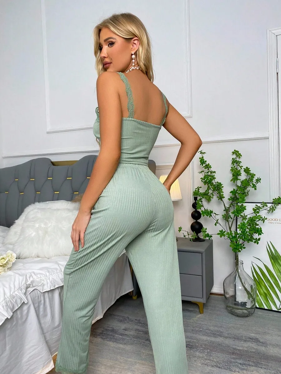 Mint Green Lace Trim Ribbed Tie Front Pajama Set For Women
Mint Green Lace Trim Ribbed Tie Front Pajama Set For Women