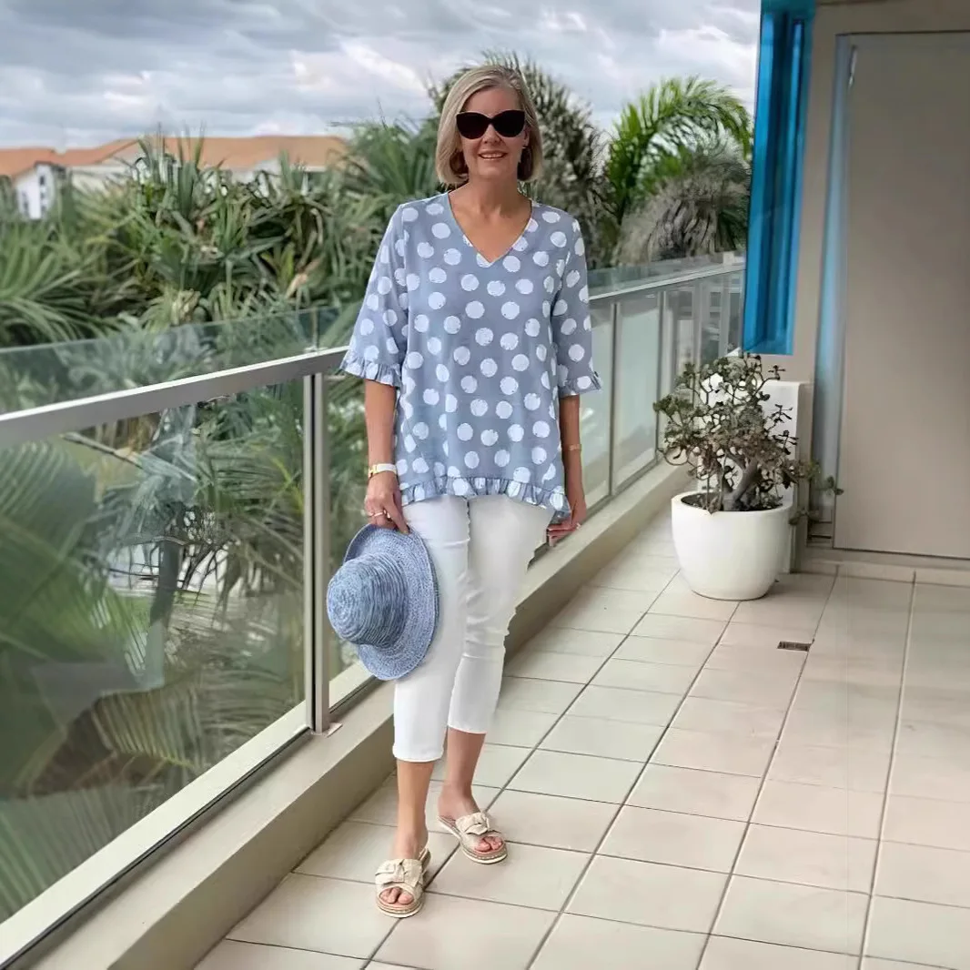 AliExpress, трансграничная женская одежда, новая летняя одежда из хлопка и льна с короткими рукавами и v-образным вырезом в горошек T cw26230 
AliExpress, трансграничная женская одежда, новая летняя одежда из хлопка и льна с короткими рукавами и v-образным вырезом в горошек T cw26230