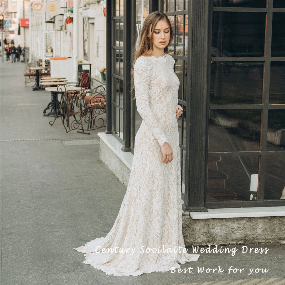 Customized Lace Boho Wedding Dress for Bride Long Sleeve O-Neck Backless Sweep Train Elegant Sheath Bridal Gowns
Customized Lace Boho Wedding Dress for Bride Long Sleeve O-Neck Backless Sweep Train Elegant Sheath Bridal Gowns