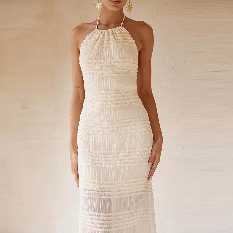 Women Elegant Sleeveless Hollow Out Long Dress New Summer Halter Solid Color Hem Beach Dress Sexy Backless Pleated Holiday Dress
Women Elegant Sleeveless Hollow Out Long Dress New Summer Halter Solid Color Hem Beach Dress Sexy Backless Pleated Holiday Dress