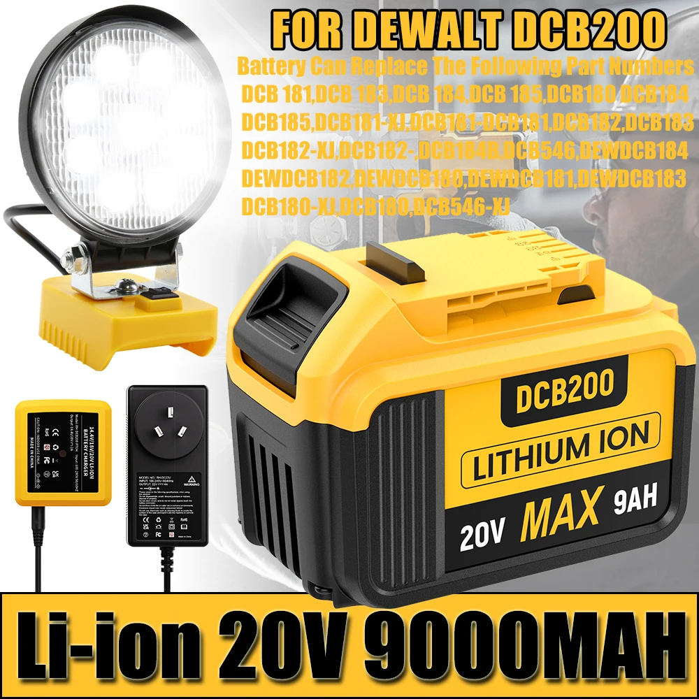 Лидер продаж, сменный литий-ионный аккумулятор для DeWalt DCB200, 20 в, 9000 мАч, DCB609, DCB206, DCB209, инструмент для зарядки аккумуляторов, Рабочая лампа
Лидер продаж, сменный литий-ионный аккумулятор для DeWalt DCB200, 20 в, 9000 мАч, DCB609, DCB206, DCB209, инструмент для зарядки аккумуляторов, Рабочая лампа