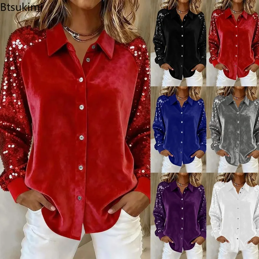 New Women's Shiny Bling Velvet Long Sleeve Shirts Spring Autumn Fashion Lapel Collar Blouses Sequined Spliced Design Woman Tops
New Women's Shiny Bling Velvet Long Sleeve Shirts Spring Autumn Fashion Lapel Collar Blouses Sequined Spliced Design Woman Tops